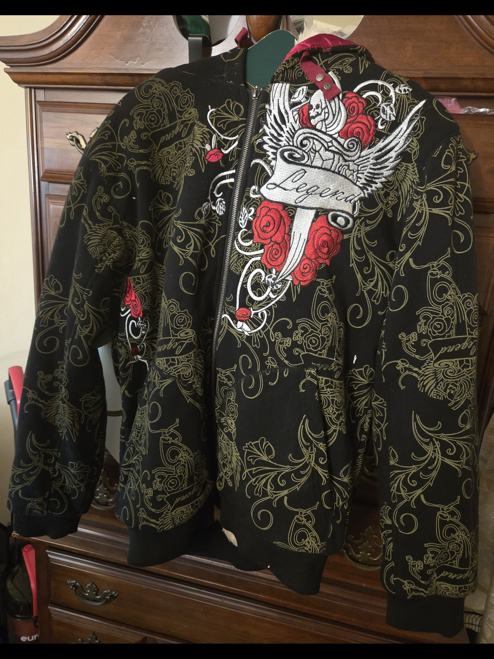 Ed Hardy Legend Graphic Black Hoodie Jacket with Red Rose Embroidery